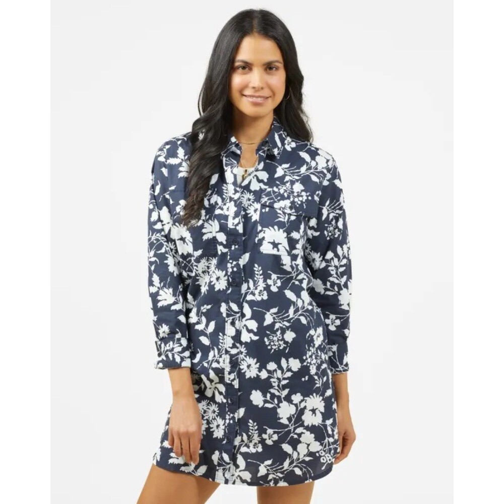 Outerknown Prospect Women’s Navy Blue White Floral Shirt Dress